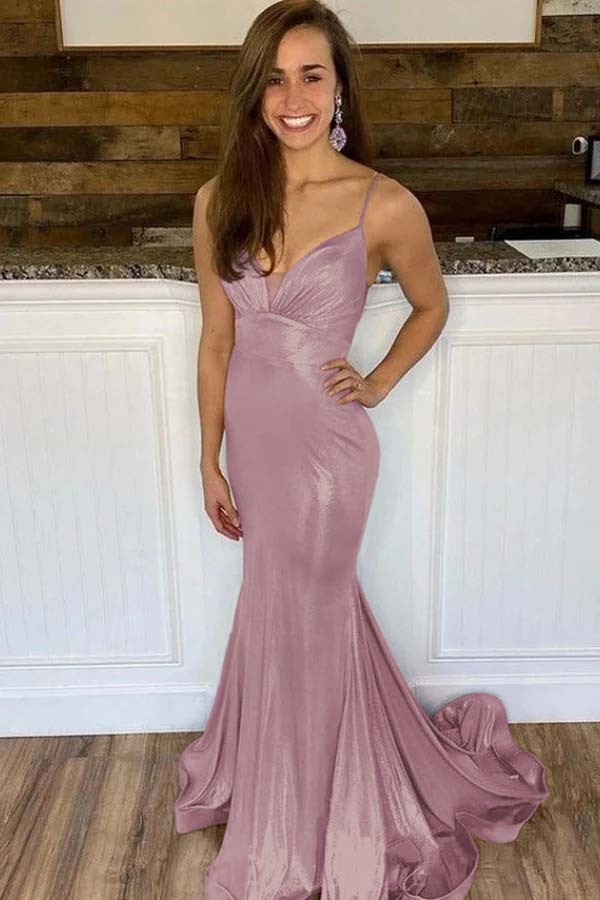 Spaghetti Strap Sleeveless Long Mermaid Prom Dress With Ruffles