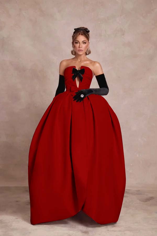 Strapless Sleeveless Long Ball Gown Prom Dress With Long Gloves
