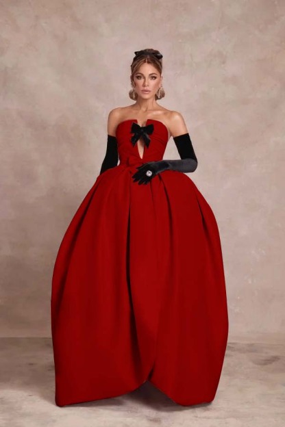 Strapless Sleeveless Long Ball Gown Prom Dress With Long Gloves