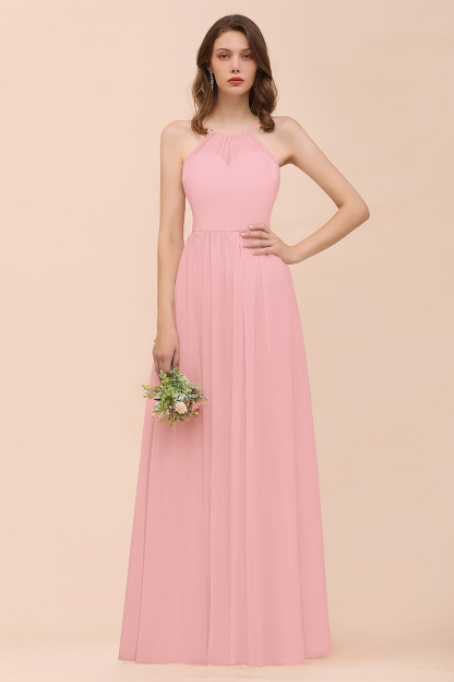 BMbridal Gorgeous Chiffon Halter Ruffle Affordable Long Bridesmaid Dress-BMbridal