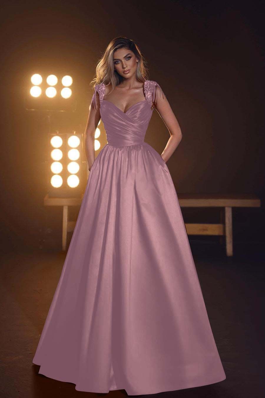 Straps Sleeveless Long Prom Dress With Pleated Pockets Sequins