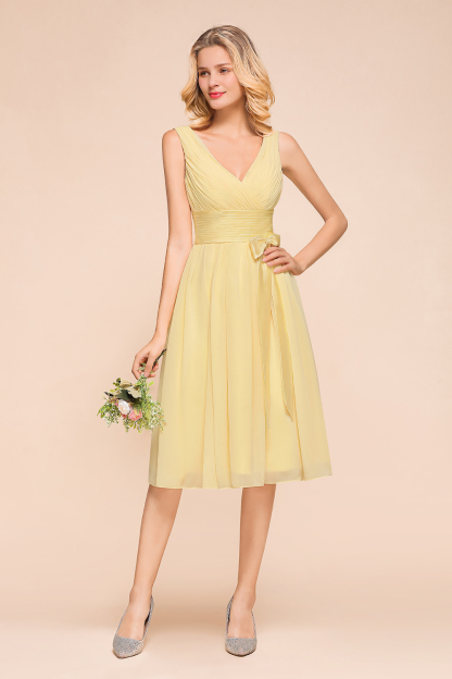 BMbridal Affordable V-Neck Daffodil Chiffon Short Bridesmaid Dress with Ruffle-BMbridal