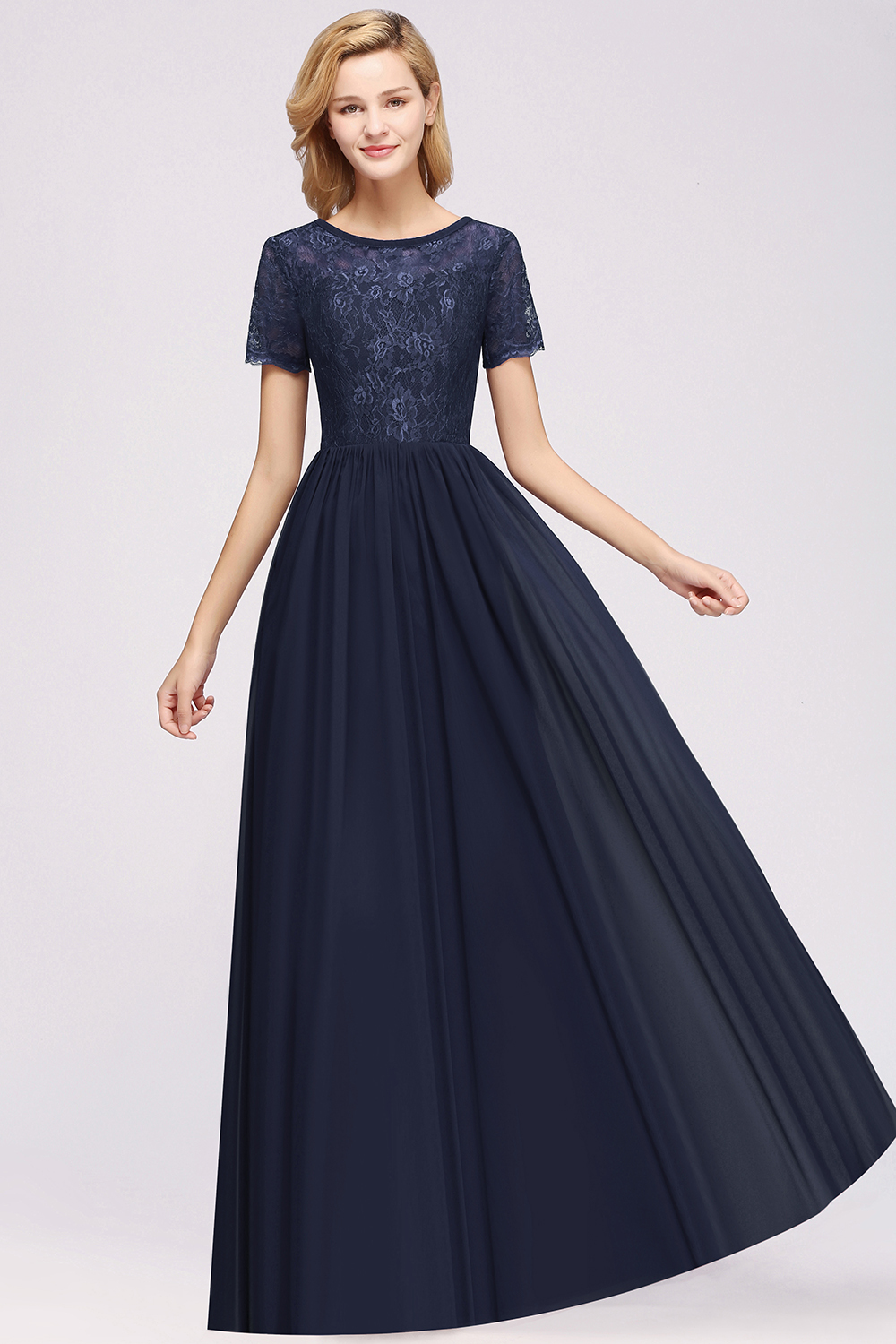 BMbridal Elegant Dark Navy Long Lace Bridesmaid Dresses with Short-Sleeves-BMbridal