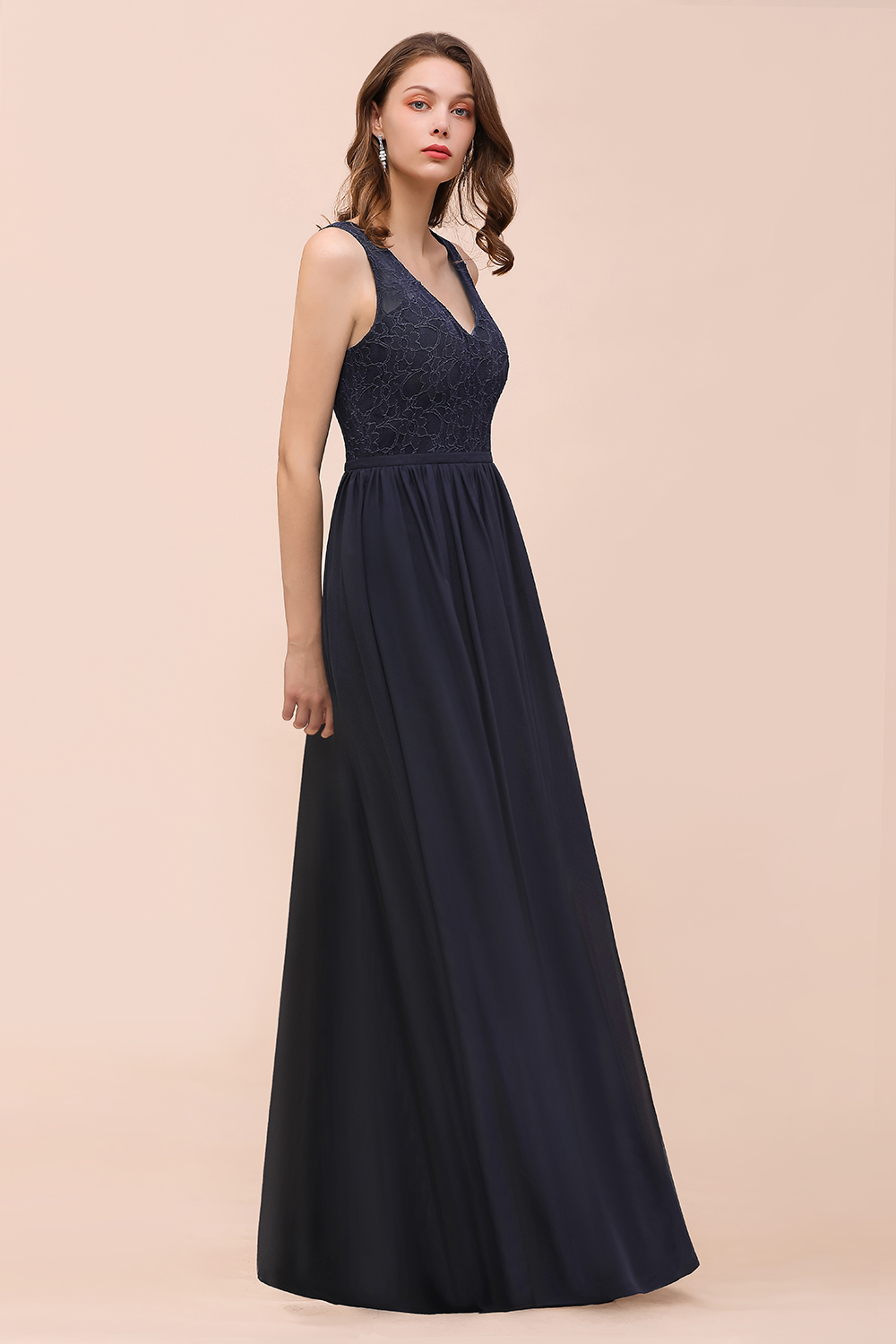 BMbridal Affordable Lace V-Neck Navy Bridesmaid Dress with Open Back-BMbridal