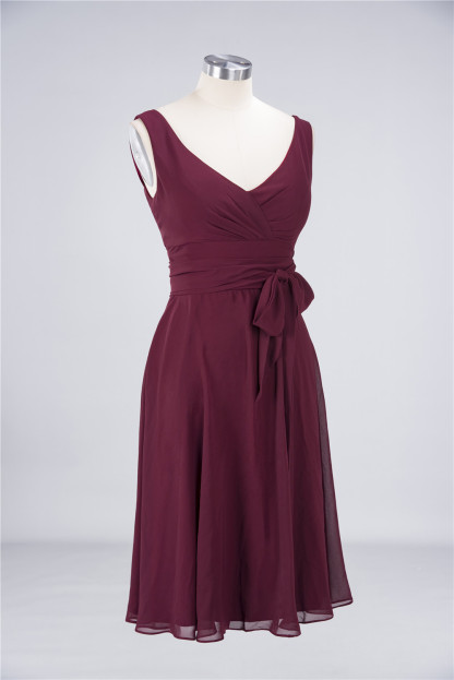 BMbridal Elegant Straps V-Neck  Ruffle Short Burgundy Bridesmaid Dress with Bow Sash-BMbridal