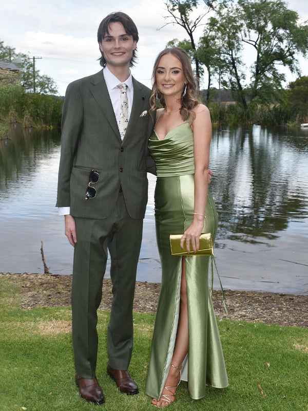 Sage Green Mermaid Cowl Neck Satin Fitted Prom Formal Dress with Slit