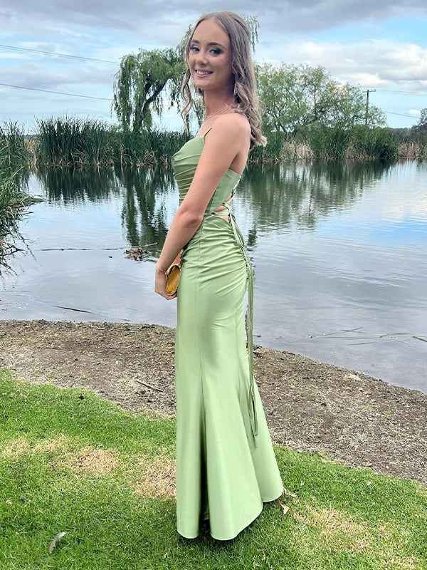 Sage Green Mermaid Cowl Neck Satin Fitted Prom Formal Dress with Slit