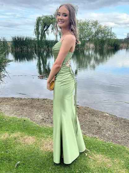 Sage Green Mermaid Cowl Neck Satin Fitted Prom Formal Dress with Slit