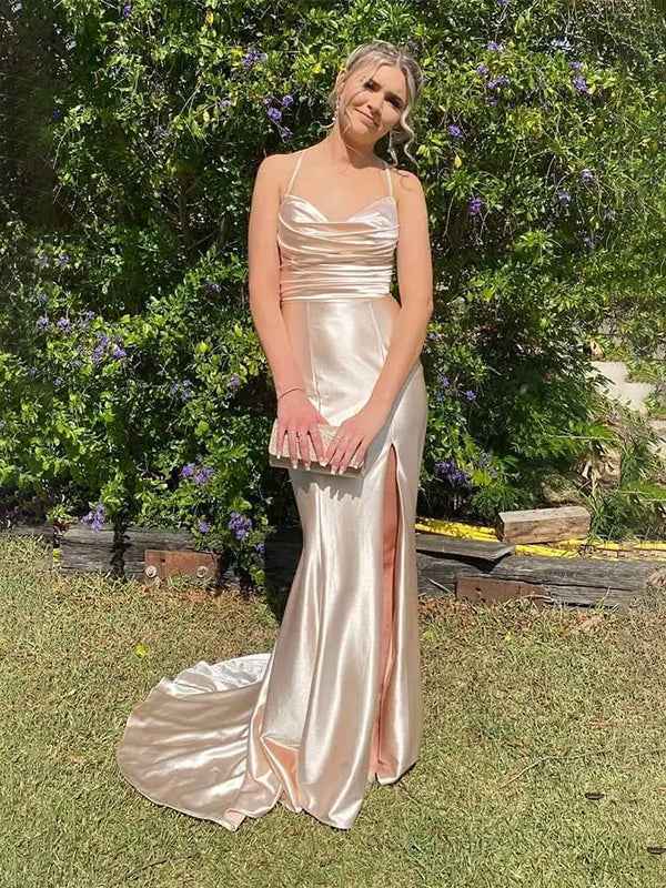 Sage Green Mermaid Cowl Neck Satin Fitted Prom Formal Dress with Slit