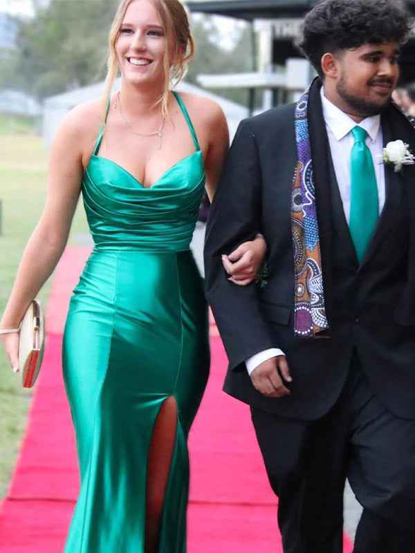 Sage Green Mermaid Cowl Neck Satin Fitted Prom Formal Dress with Slit