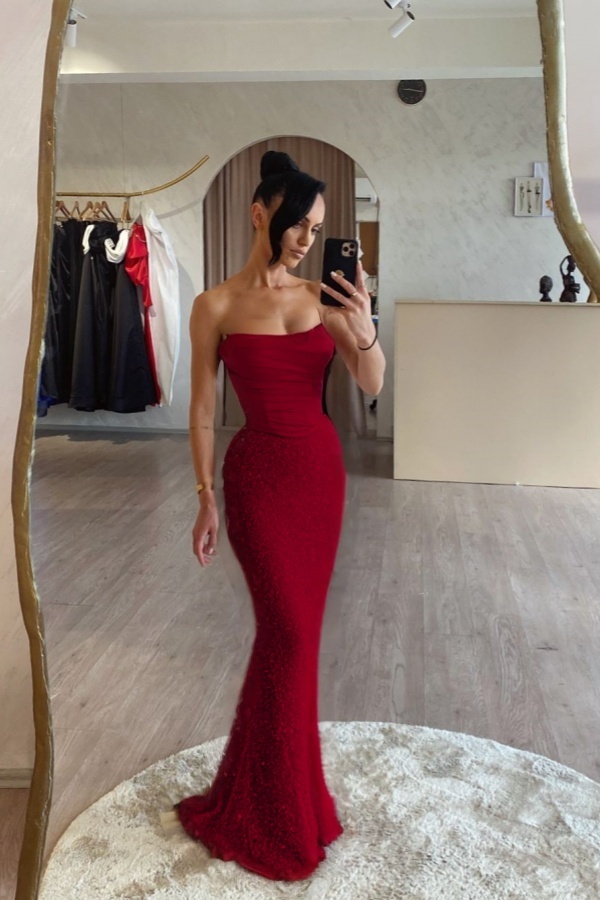 Strapless Sleeveless Long Mermaid Prom Dress With Sequin Pleated