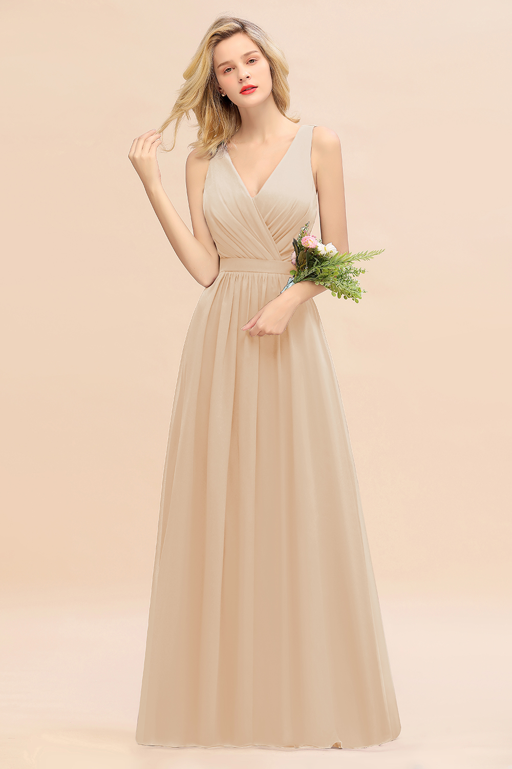 BMbridal Affordable V-Neck Ruffle Long Grape Chiffon Bridesmaid Dress with Bow-BMbridal