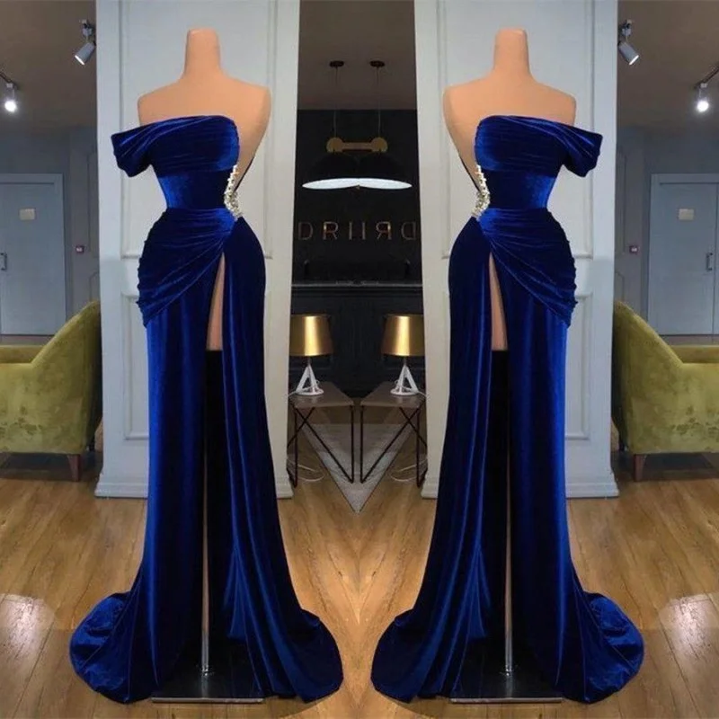 Royal Blue Velvet Sleeveless Strapless Long Split Mermaid Prom Dress With Beading