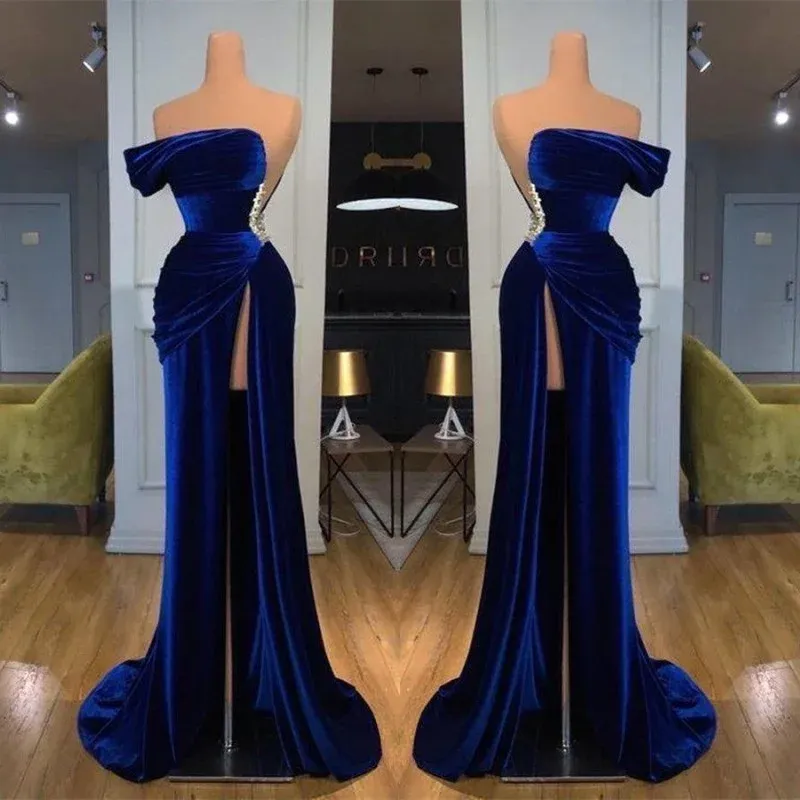 Royal Blue Velvet Sleeveless Strapless Long Split Mermaid Prom Dress With Beading