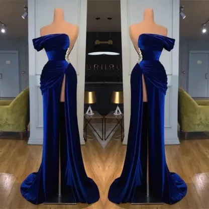 Royal Blue Velvet Sleeveless Strapless Long Split Mermaid Prom Dress With Beading