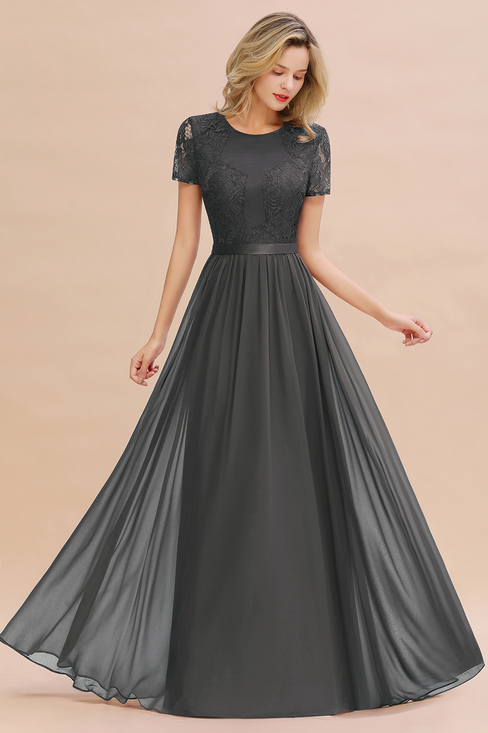 BMbridal Elegant Chiffon Lace Jewel Short-Sleeves Affordable Bridesmaid Dress-BMbridal