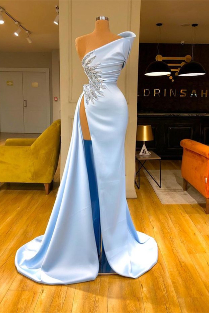 Sky Blue Mermaid One Shoulder Sleeveless Long Split Prom Dress With Beadings