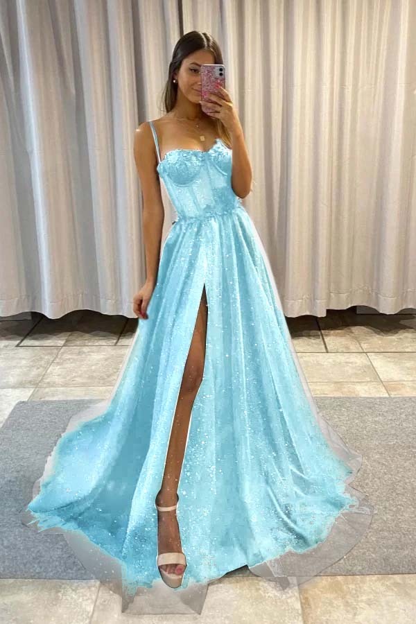 Spaghetti Strap Sleeveless Long Split Prom Dress With Sequins