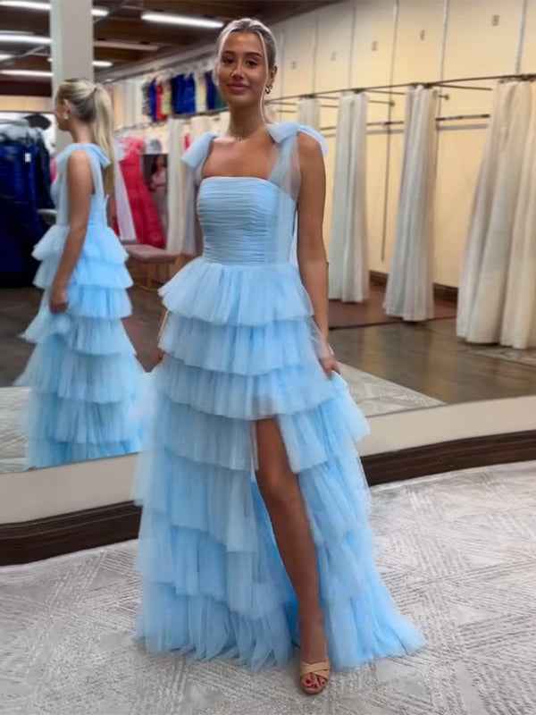 Blue A-Line Spaghetti Straps Tulle Tiered Long Prom Dress with Slit