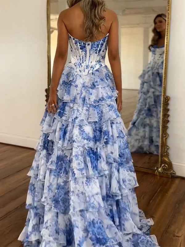 Pink A-Line Strapless Sweetheart Print Tiered Tulle Long Prom Dress with Slit