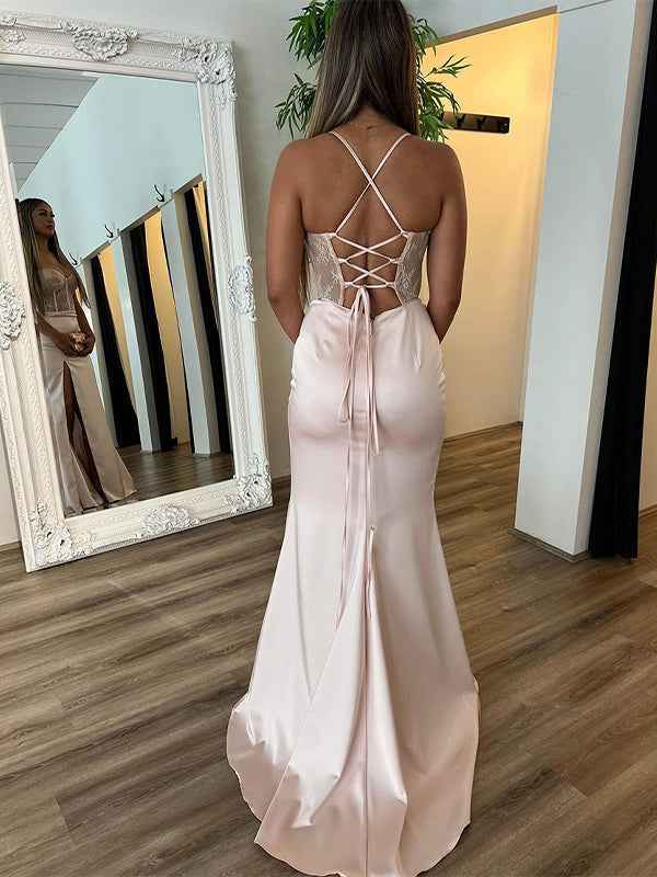 Champagne Mermaid Sheath Spaghetti Applique Long Prom Dress with Slit