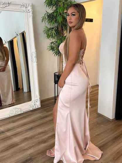 Champagne Mermaid Sheath Spaghetti Applique Long Prom Dress with Slit
