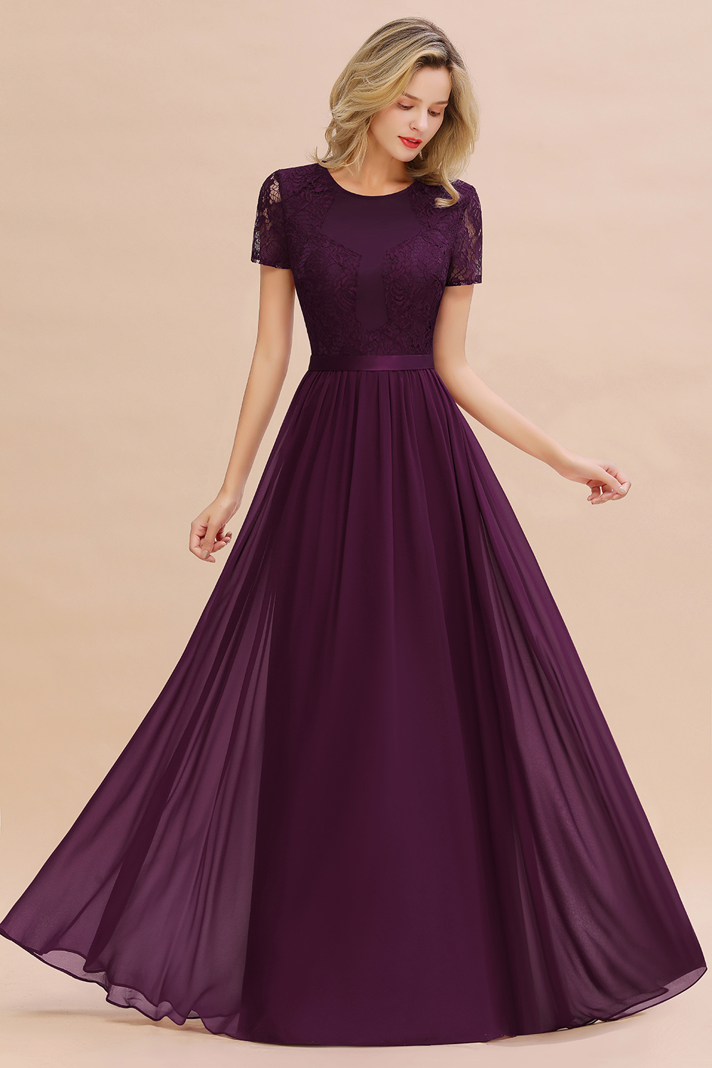 BMbridal Elegant Chiffon Lace Jewel Short-Sleeves Affordable Bridesmaid Dress-BMbridal