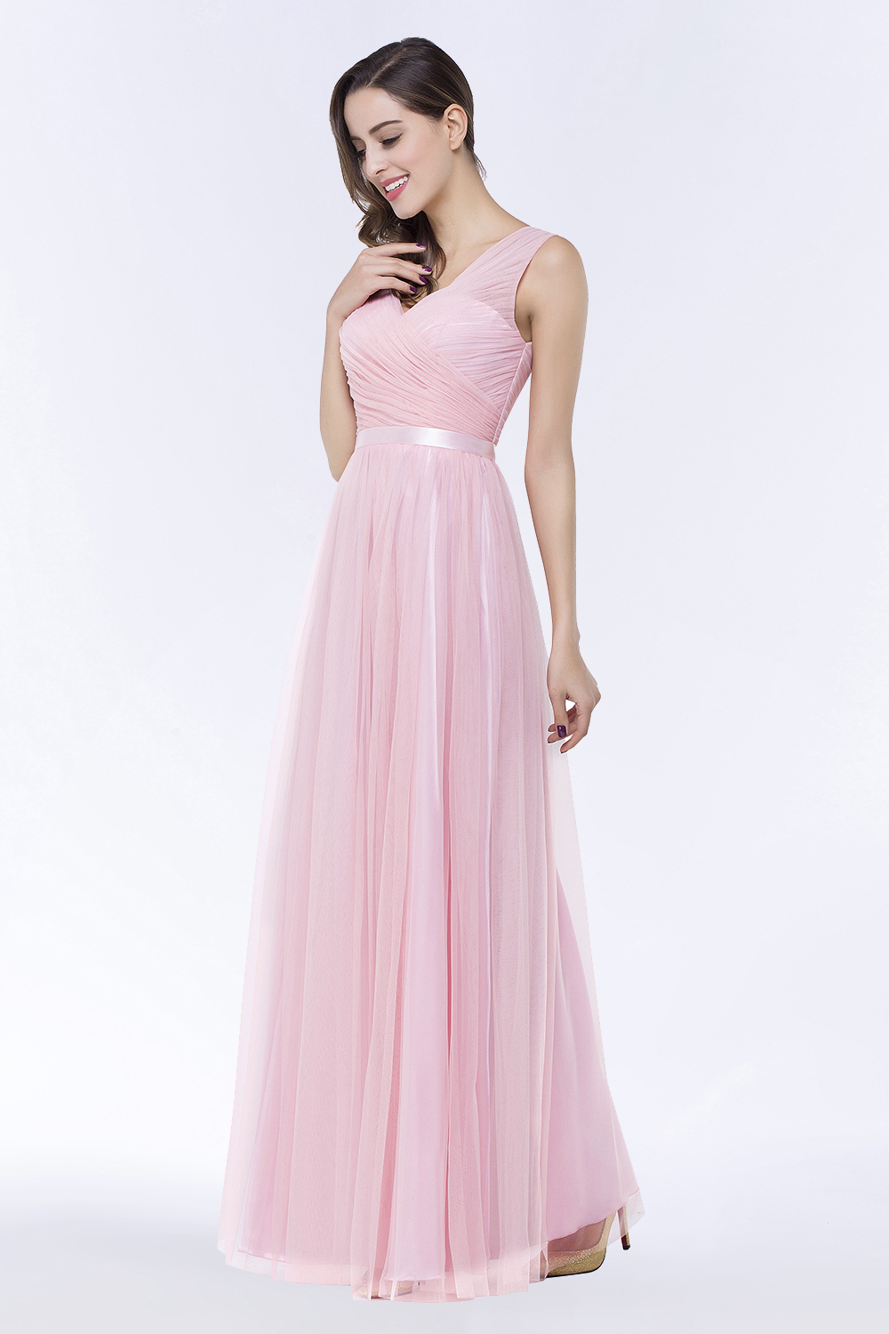 BMbridal Elegant Tulle V-Neck Sleeveless Ruffle Long Bridesmaid Dress with Sash-BMbridal