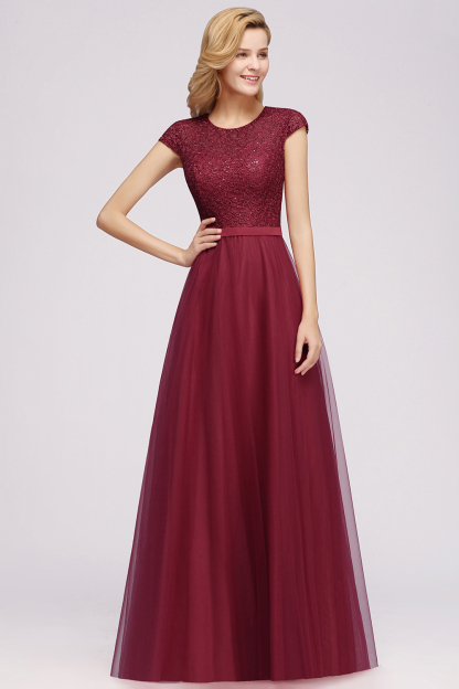 BMbridal Elegant Lace Cap-Sleeves Long Burgundy Birdesmaid Dresses Online-BMbridal