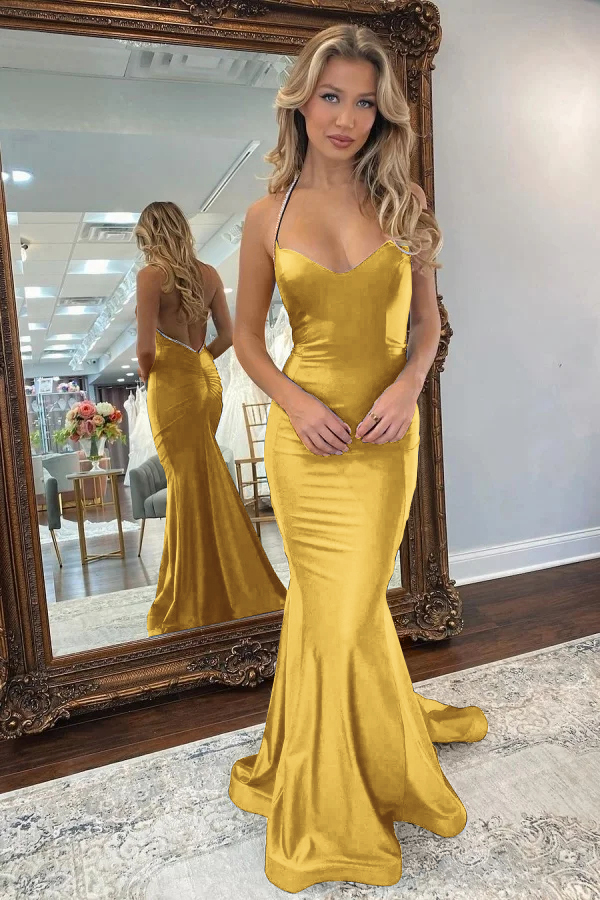 Halter Sleeveless Backless Mermaid Long Prom Dress With Pleated