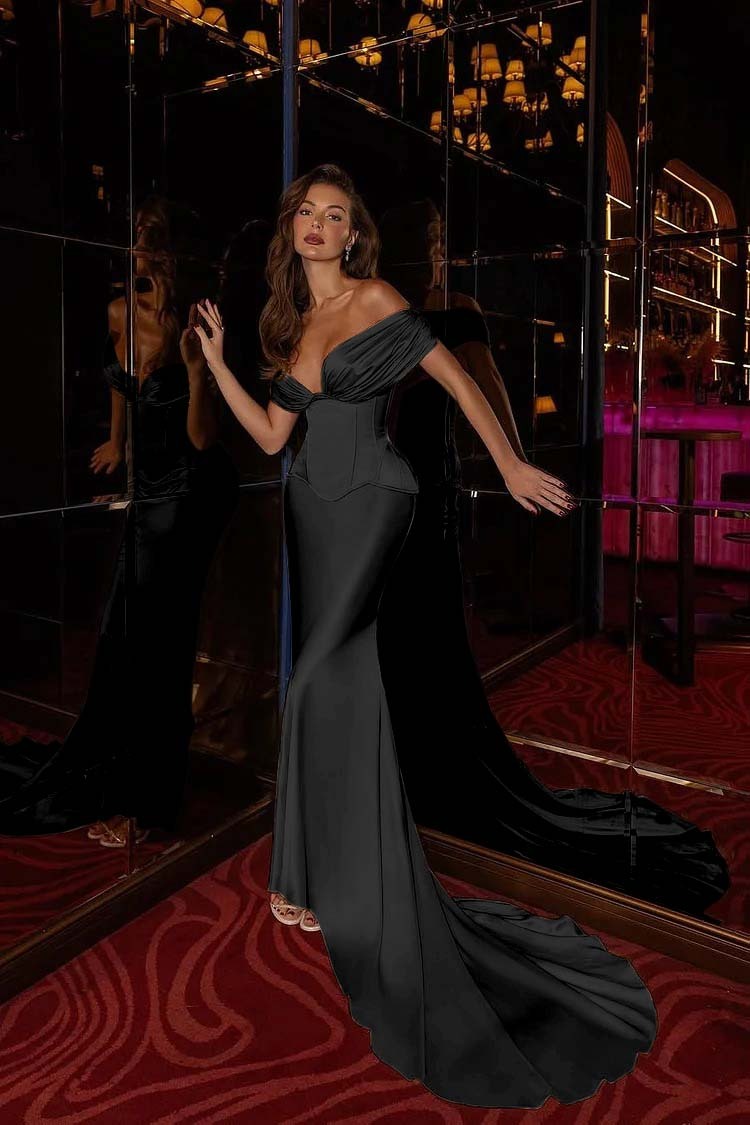 Off the Shoulder Sleeveless Long Mermaid Prom Dress With Pleated