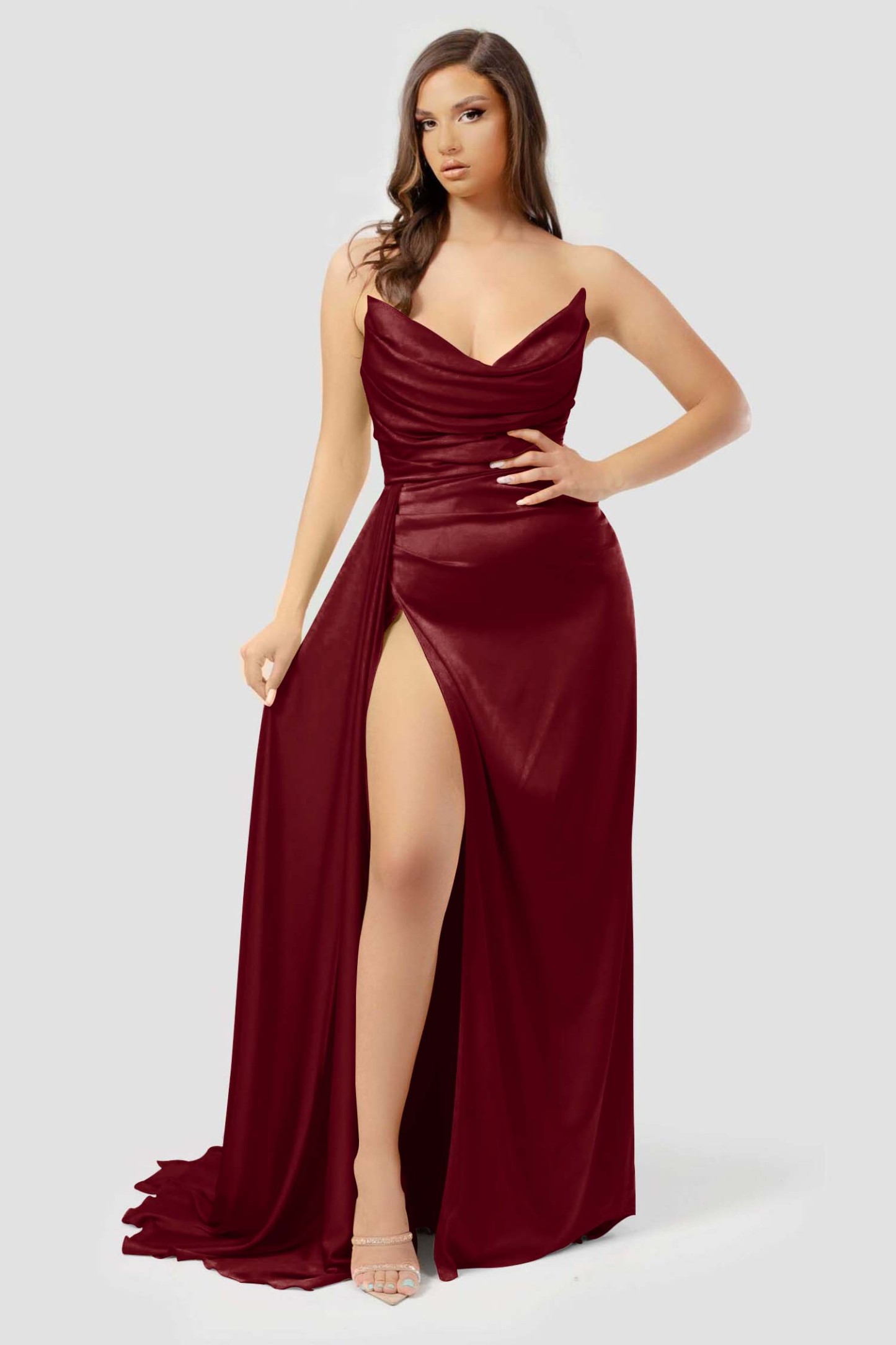 Yellow Long Prom Dress With Pleated High Slit Strapless Sleeveless