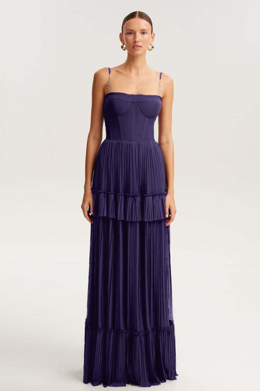 Spaghetti Strap Sleeveless Long Prom Dress With Ruffles