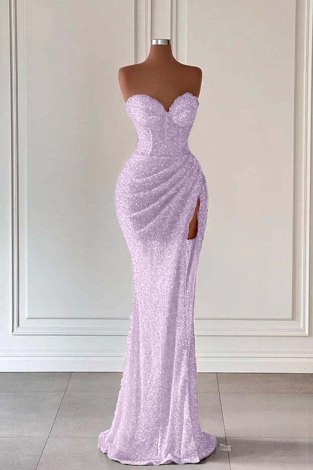 Red Sweetheart Sleeveless Long Mermaid Sequins Prom Dress With High Split