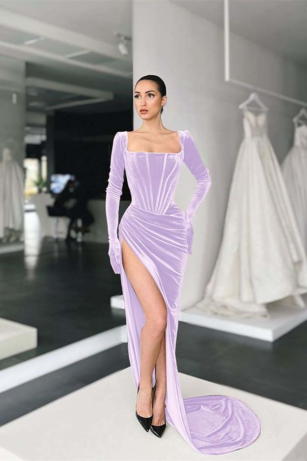 Stunning Square Neck Long Sleeves Pleated Long Prom Dress With Side Split