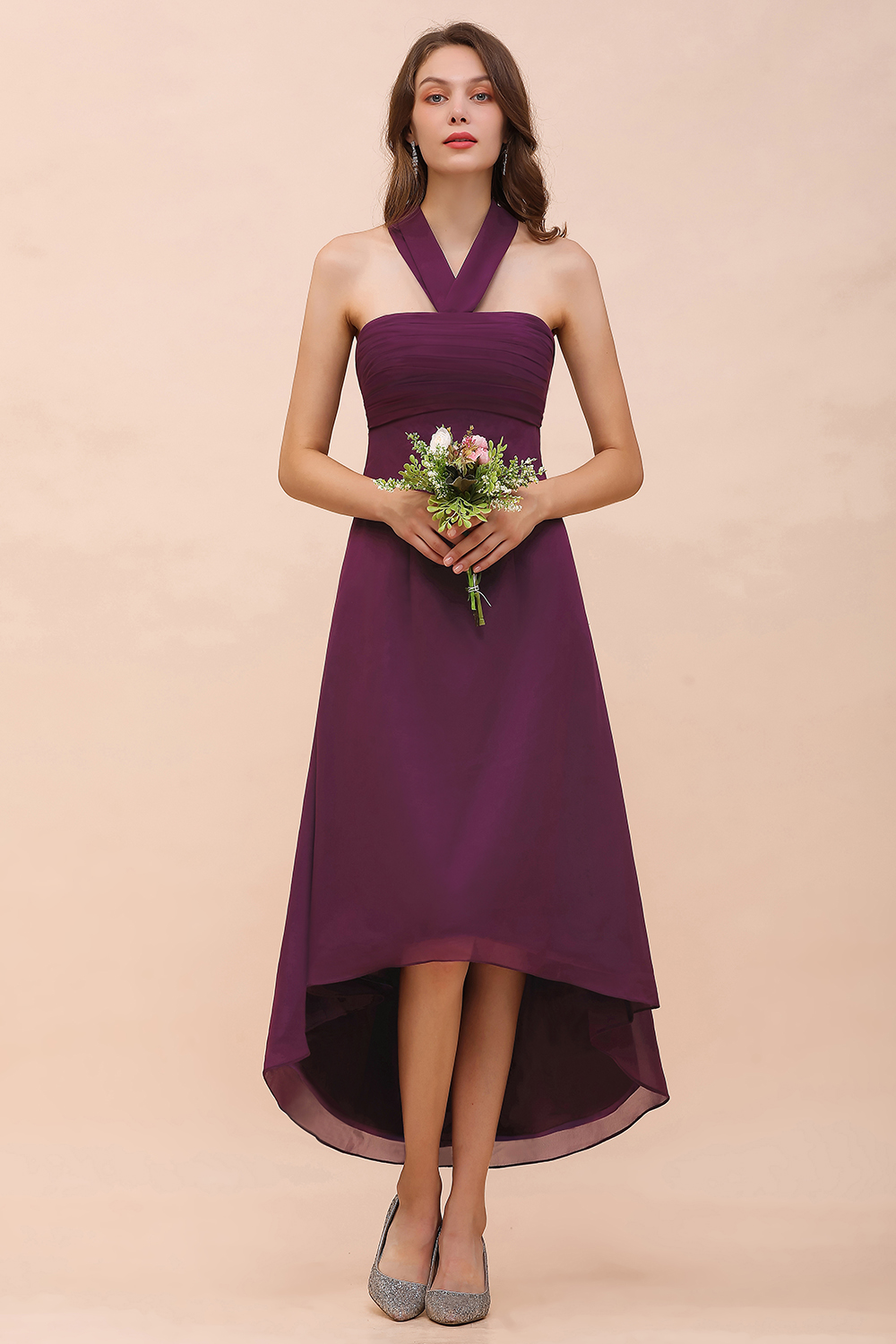 BMbridal Stylish Hi-Lo Halter Grape Chiffon Affordable Bridesmaid Dresses with Ruffle-BMbridal