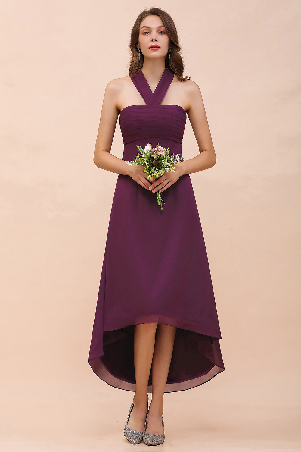 BMbridal Stylish Hi-Lo Halter Grape Chiffon Affordable Bridesmaid Dresses with Ruffle-BMbridal