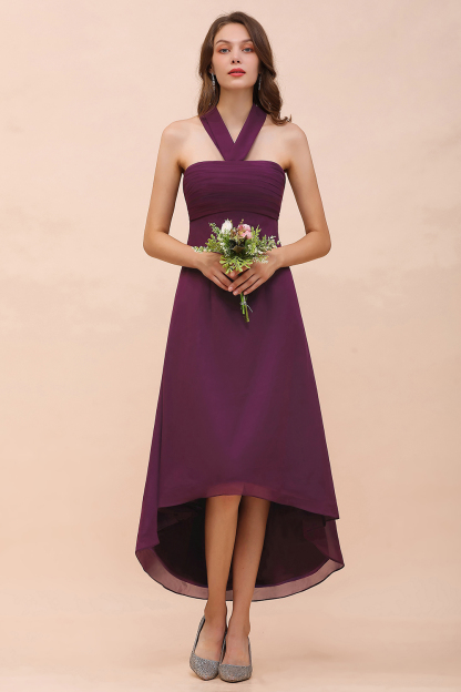 BMbridal Stylish Hi-Lo Halter Grape Chiffon Affordable Bridesmaid Dresses with Ruffle-BMbridal