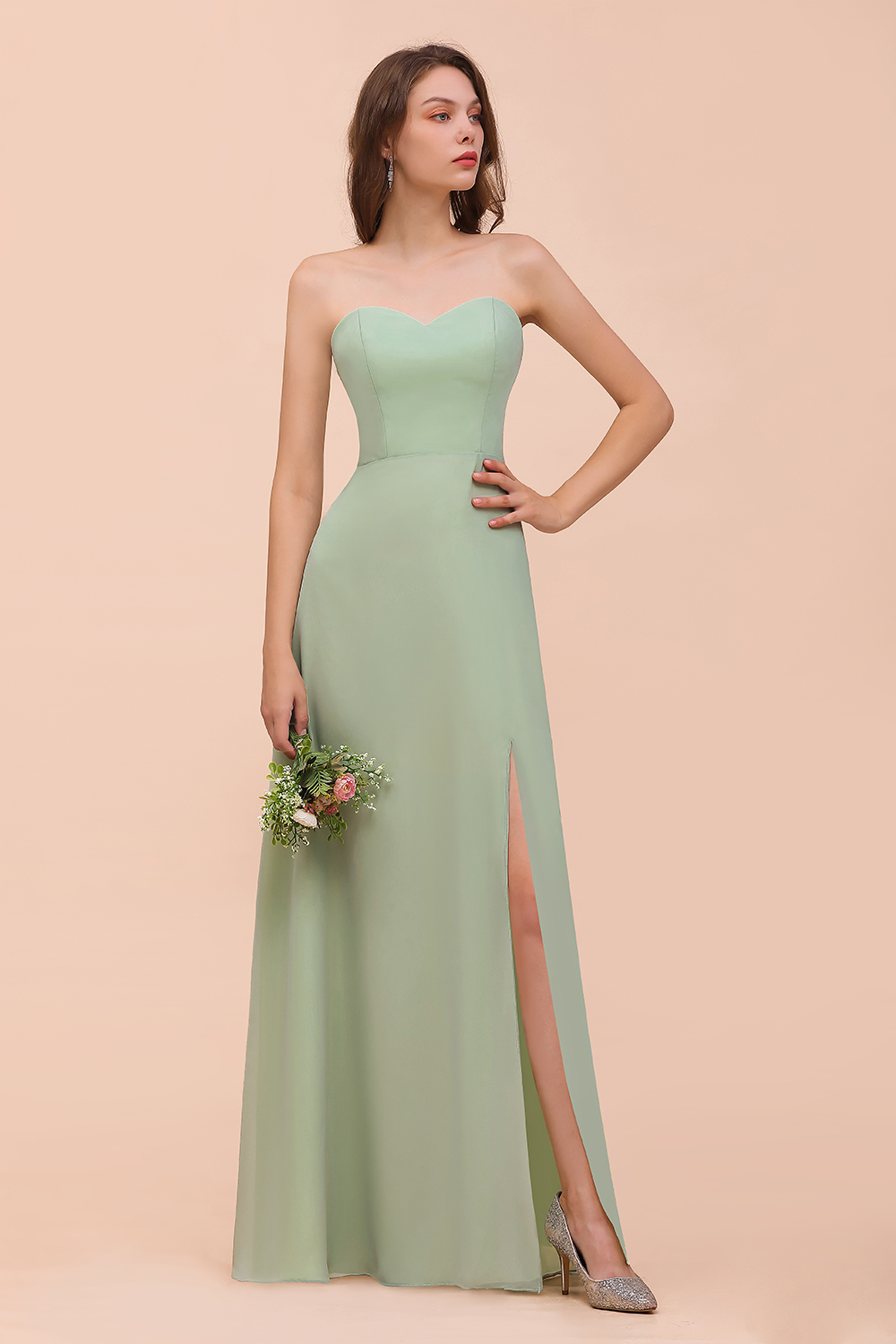 BMbridal Affordable Strapless Front Slit Long Dusty Sage Bridesmaid Dress-BMbridal