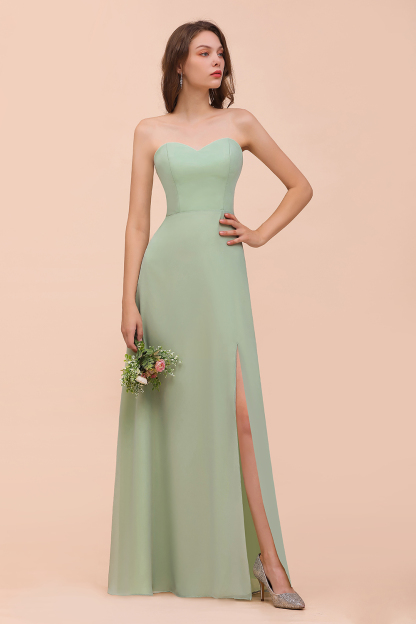 BMbridal Affordable Strapless Front Slit Long Dusty Sage Bridesmaid Dress-BMbridal