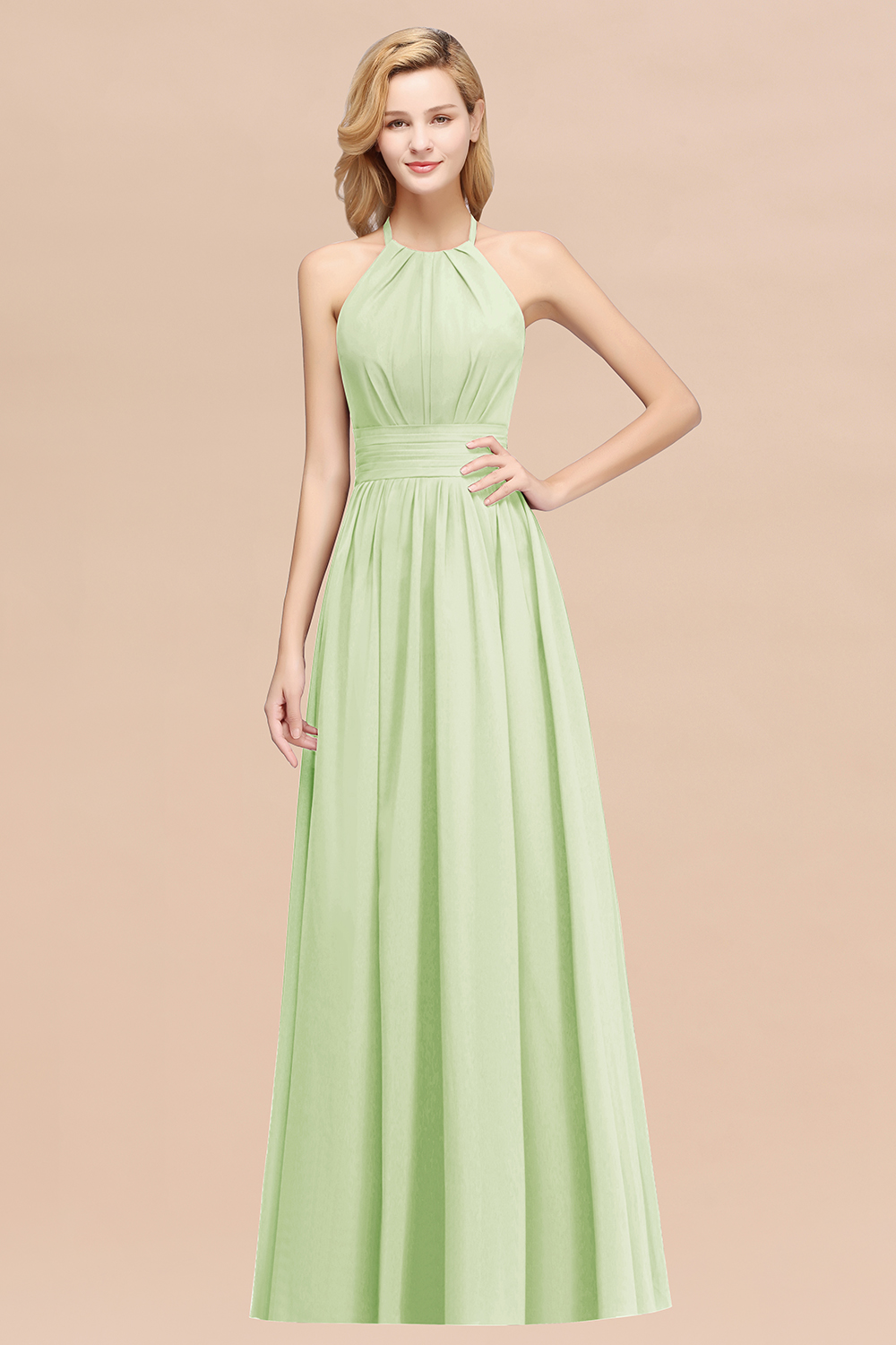 BMbridal Elegant High-Neck Halter Long Affordable Bridesmaid Dresses with Ruffles-BMbridal