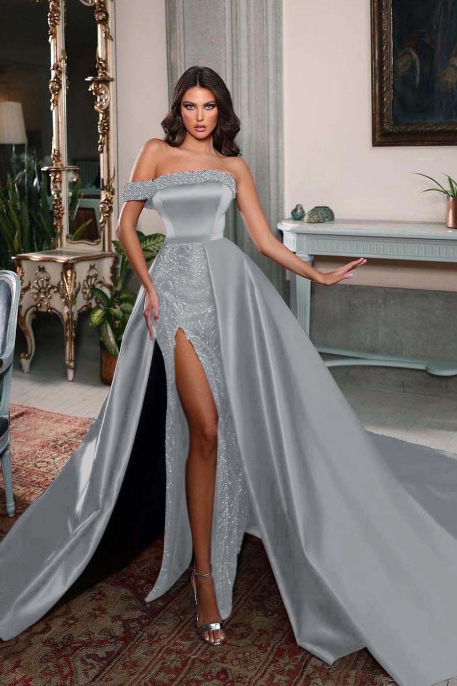 One Shoulder Sleeveless Long Split Prom Dress With Pleated Beading