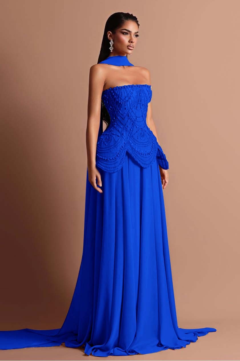 Strapless Sleeveless Long Prom Dress With Beading Pleated Wrap