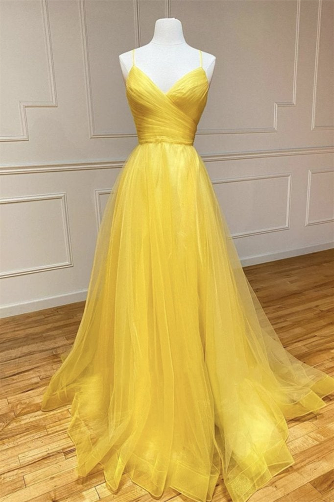 Amazing Yellow Spaghetti Strap Sleeveless V Neck Prom Dress String Back