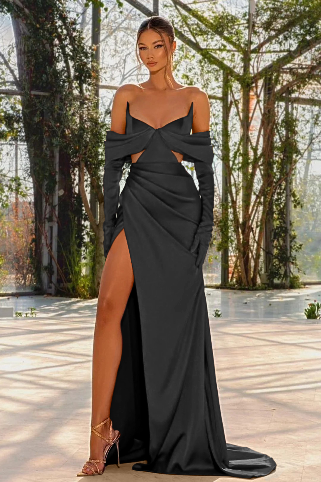 Off the Shoulder Prom Dress Red Half Sleeves With Slit Pleated Gloves