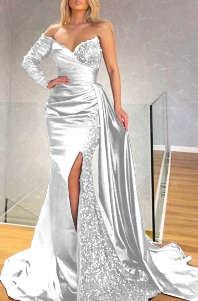 Long Sleeve Strapless Long Split Prom Dress With Pleated Sequins