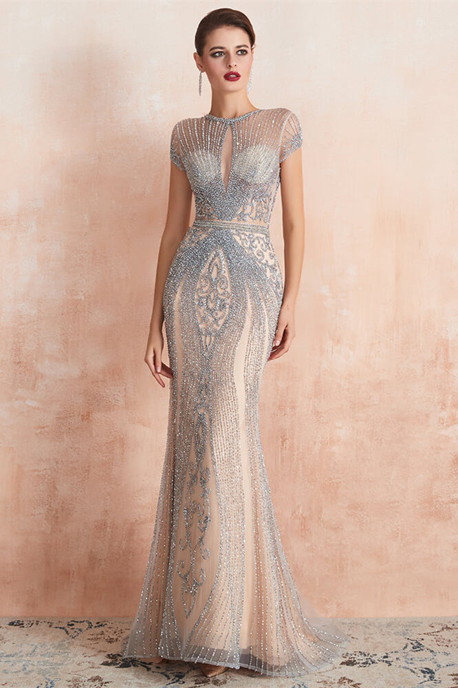 Elegant Short Sleeve Jewel Neck Mermaid Prom Dress With Beading