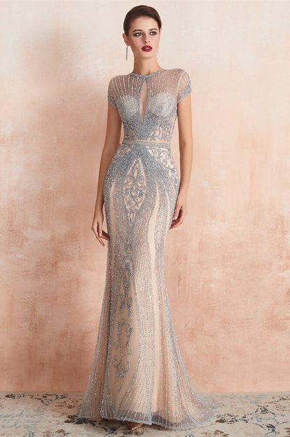 Elegant Short Sleeve Jewel Neck Mermaid Prom Dress With Beading