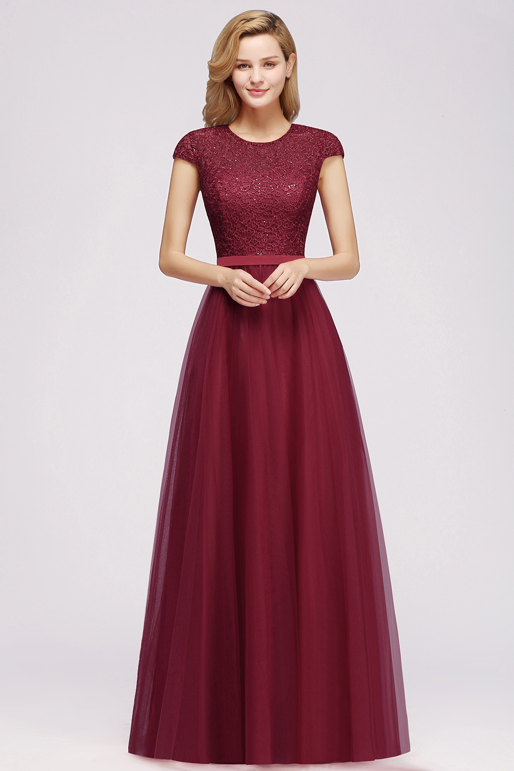 BMbridal Elegant Lace Cap-Sleeves Long Burgundy Birdesmaid Dresses Online-BMbridal