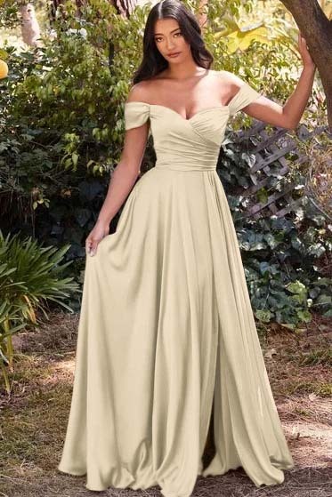 Off the Shoulder Sleeveless Long Prom Dress With Split Pleated